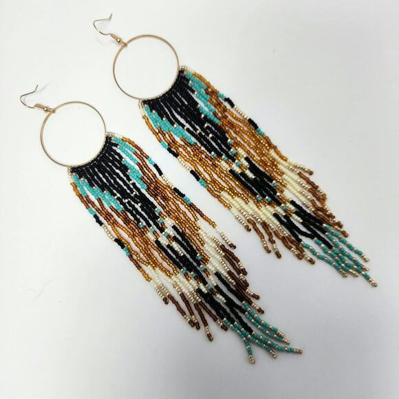 Birds of a Feather Boho Beaded Fringe Hoop Earrings - Picture 1 of 5